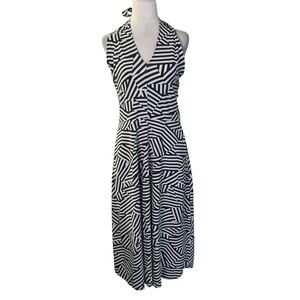 PACT Women’s Large Navy & White Graphic Print Halter Midi Dress with Pockets